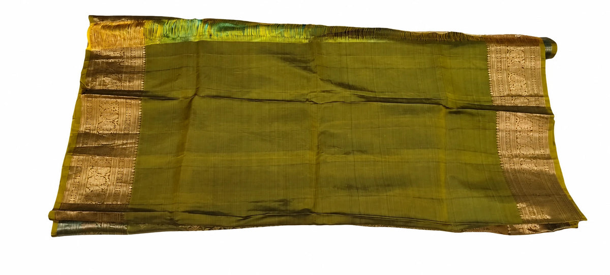 Sandhya — Olive Gold Paisley Saree, retouched garment view on a clean background