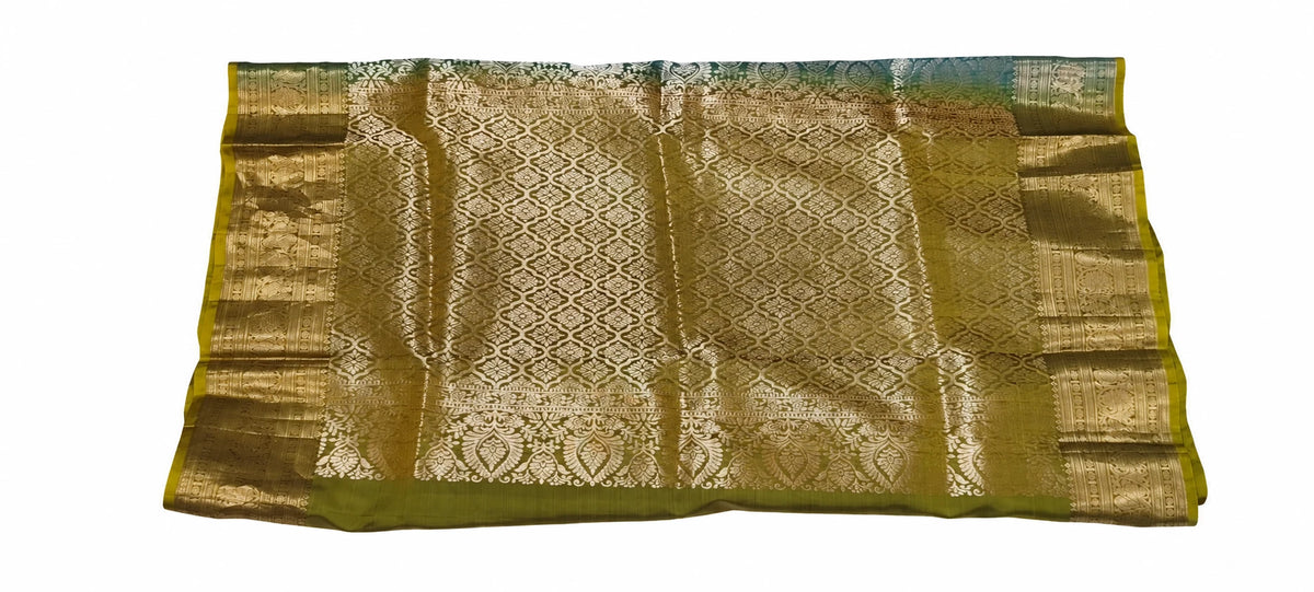 Sandhya — Olive Gold Paisley Saree, retouched garment detail 1 on a clean background