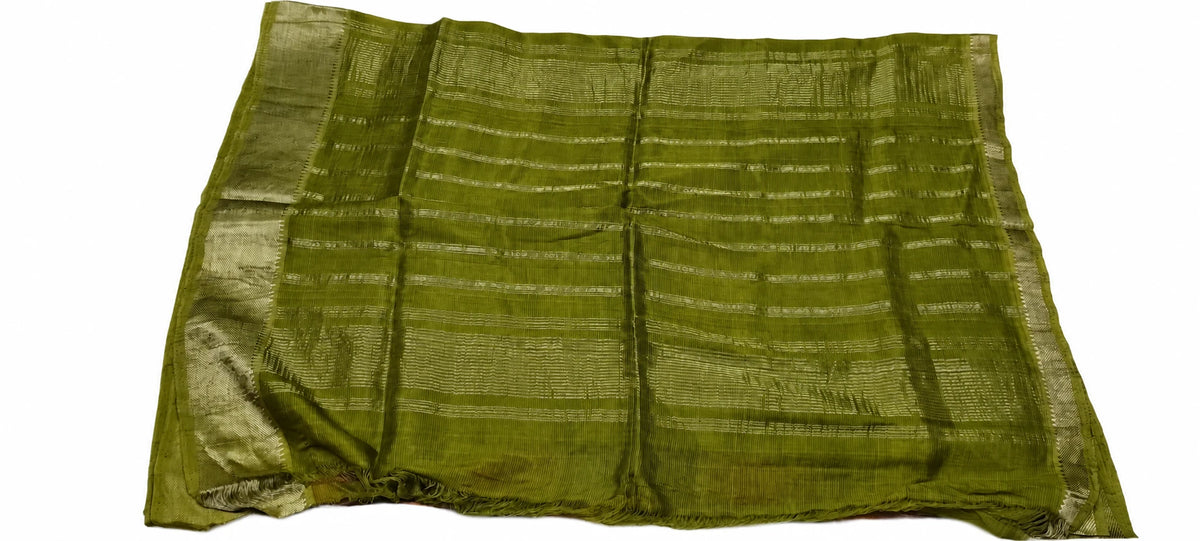 Sandhya — Olive Gold Paisley Saree, retouched garment detail 2 on a clean background