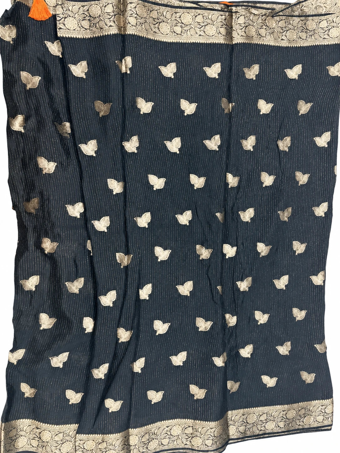 Sravya — Black Gold Butterfly Saree, retouched garment view on a clean background
