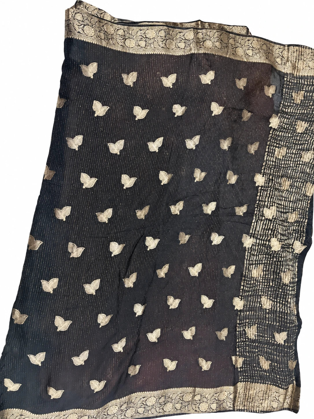 Sravya — Black Gold Butterfly Saree, retouched garment detail 1 on a clean background