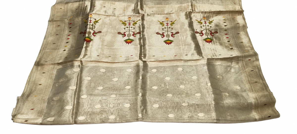 Tejasvi — Champagne Figurative Motif Saree, retouched garment view on a clean background