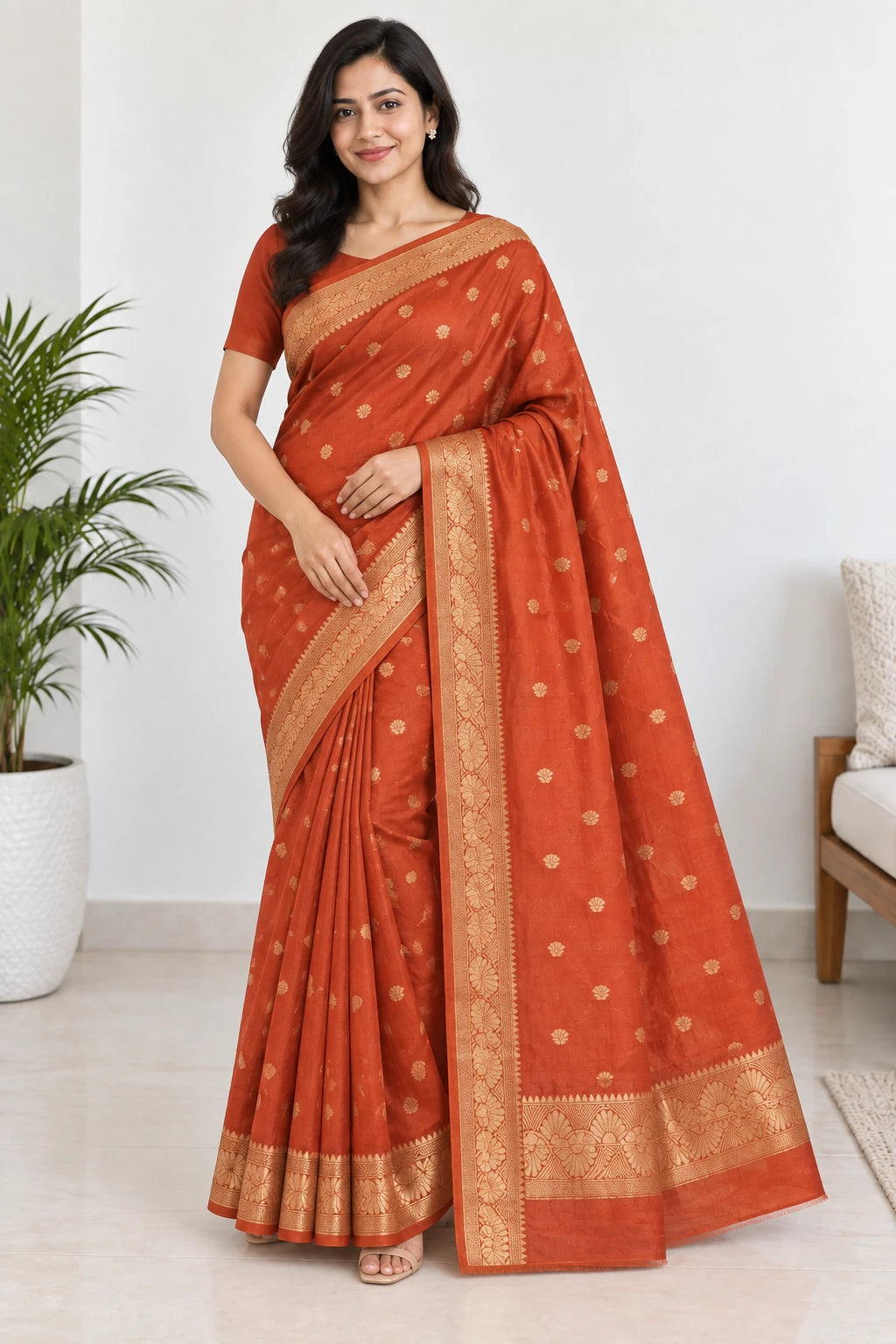 Urmila — Rust Gold Flower Saree, model-worn styling photograph