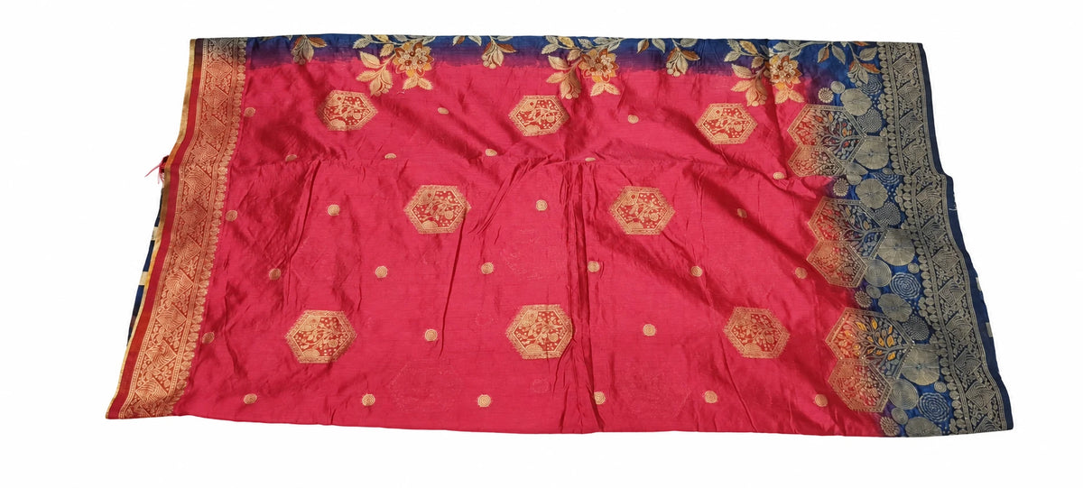 Varsha — Rani Pink Navy Botanical Saree, retouched garment view on a clean background