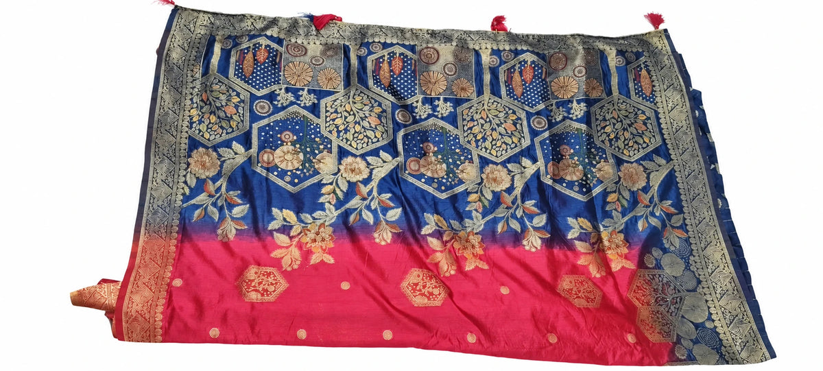 Varsha — Rani Pink Navy Botanical Saree, retouched garment detail 1 on a clean background