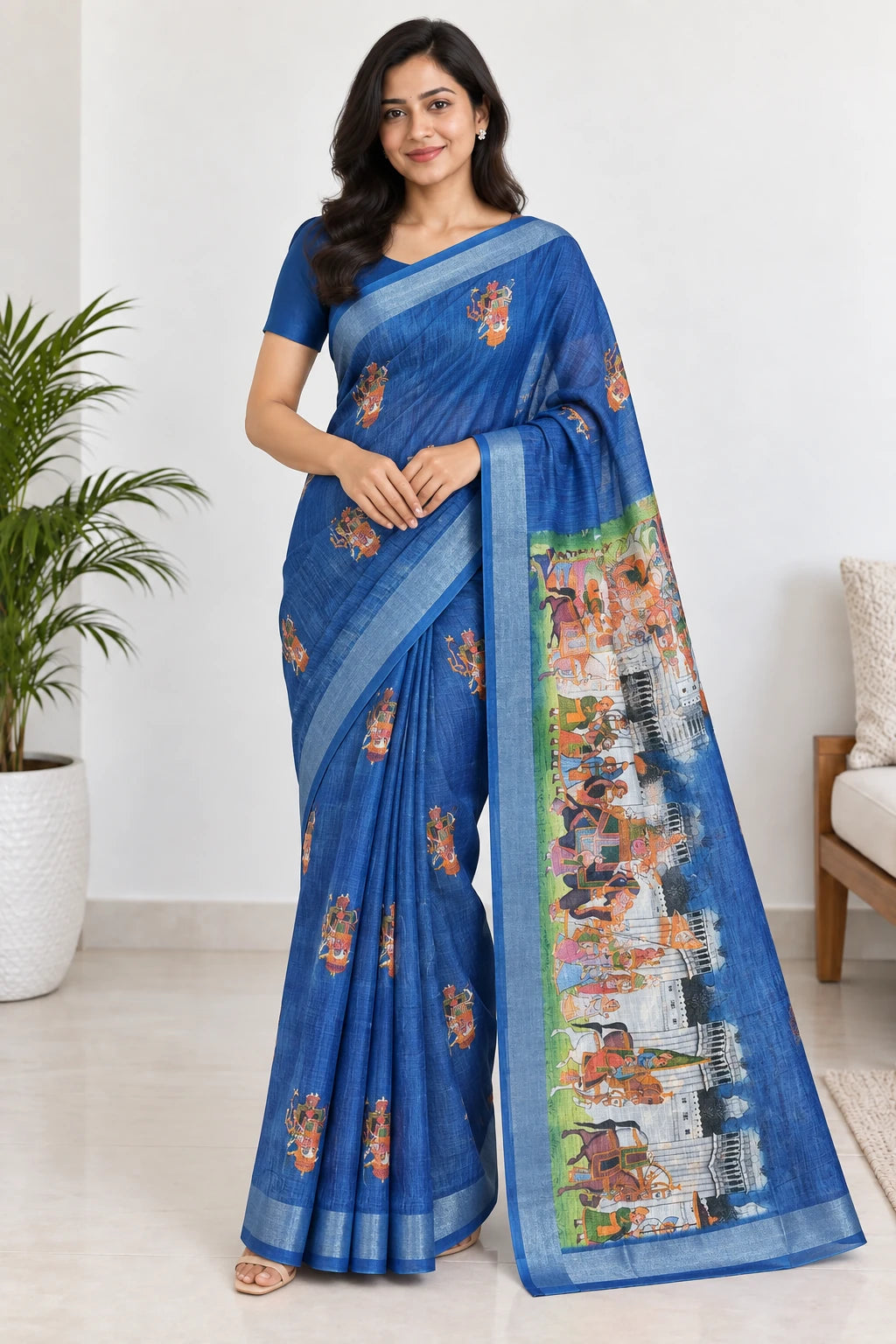 Vihana — Blue Procession Border Saree, model-worn styling photograph