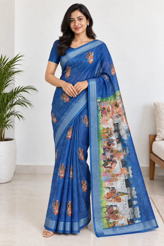 Vihana — Blue Procession Border Saree, model-worn styling photograph