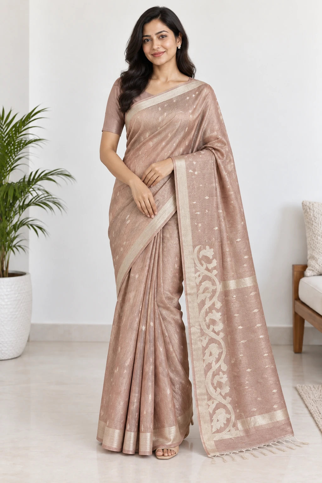 Yashika — Rose Gold Scroll Border Saree, model-worn styling photograph