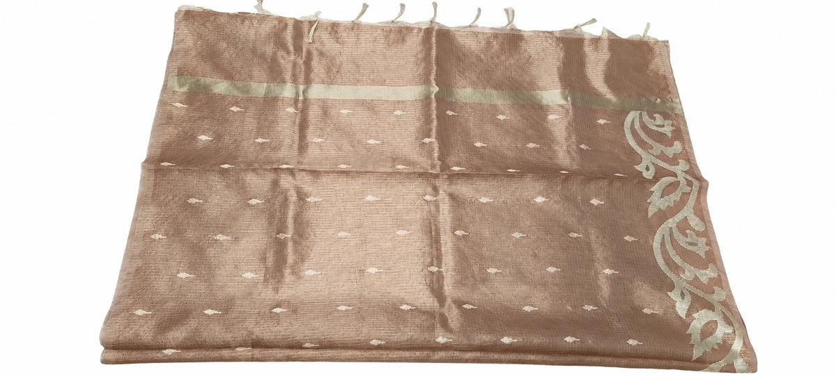 Yashika — Rose Gold Scroll Border Saree, retouched garment view on a clean background