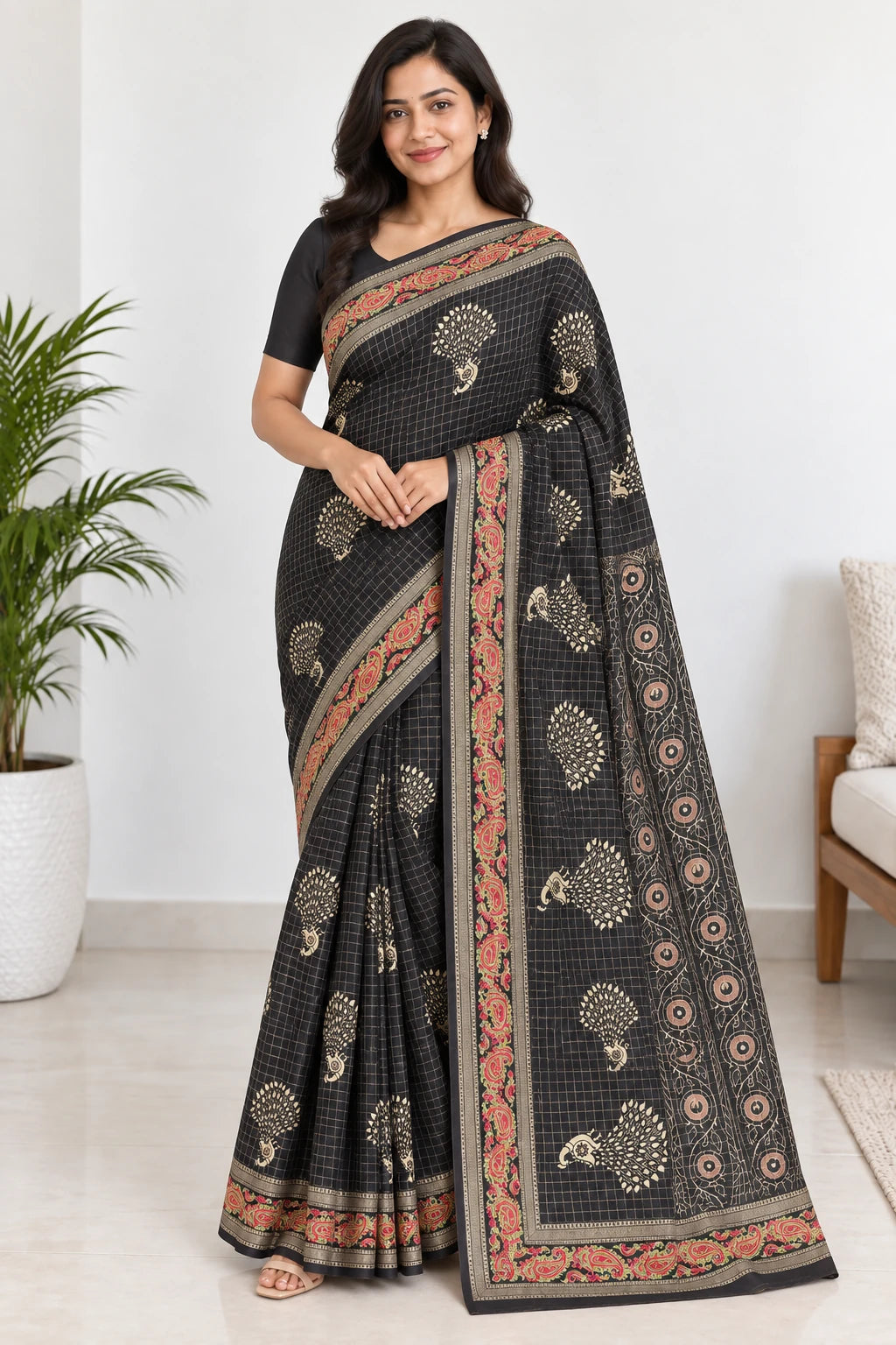 Yukti — Black Paisley Rose Border Saree, model-worn styling photograph