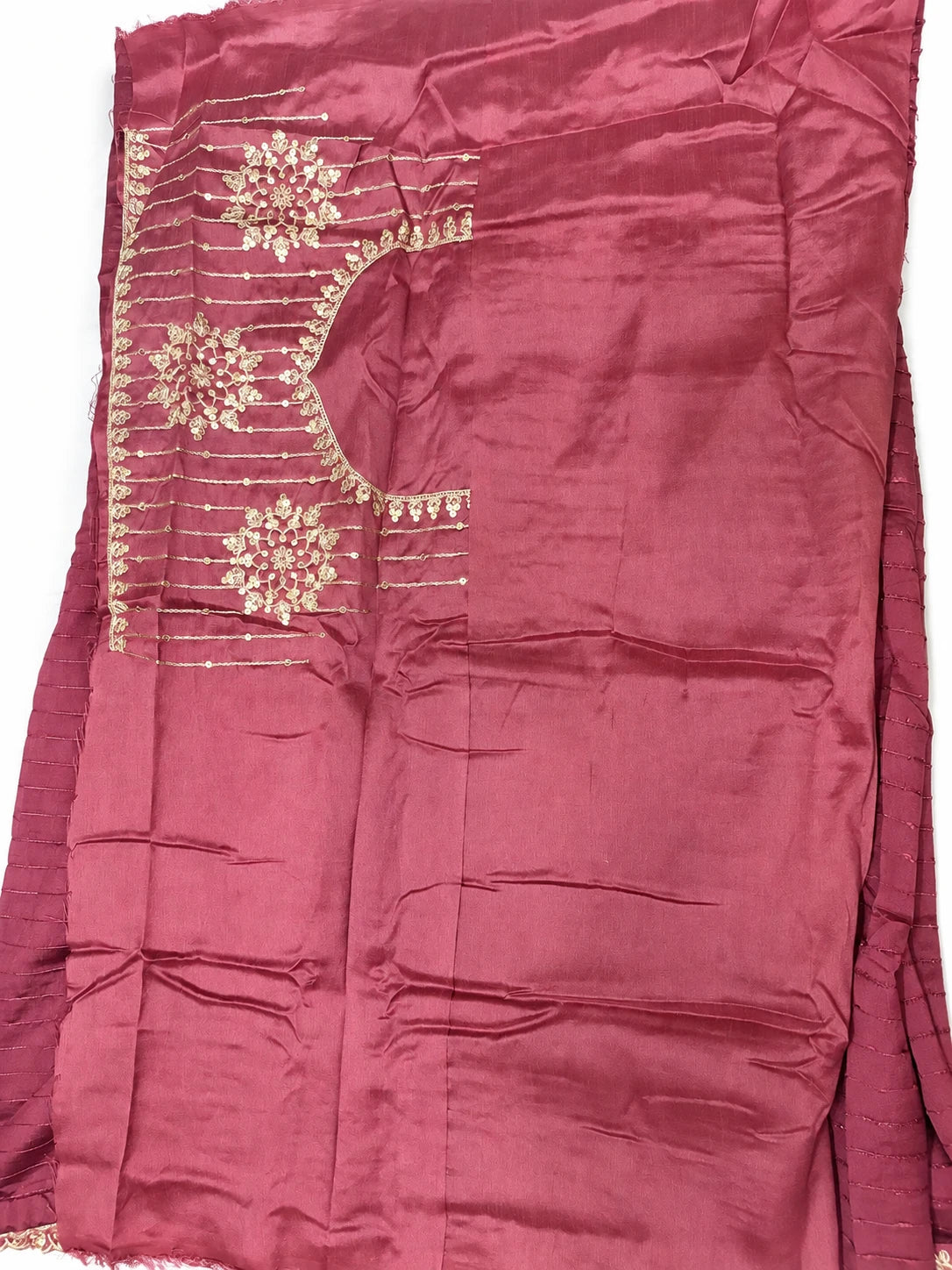 Shalini — Wine Gold Scallop Saree, retouched coordinating neckline detail on a clean background