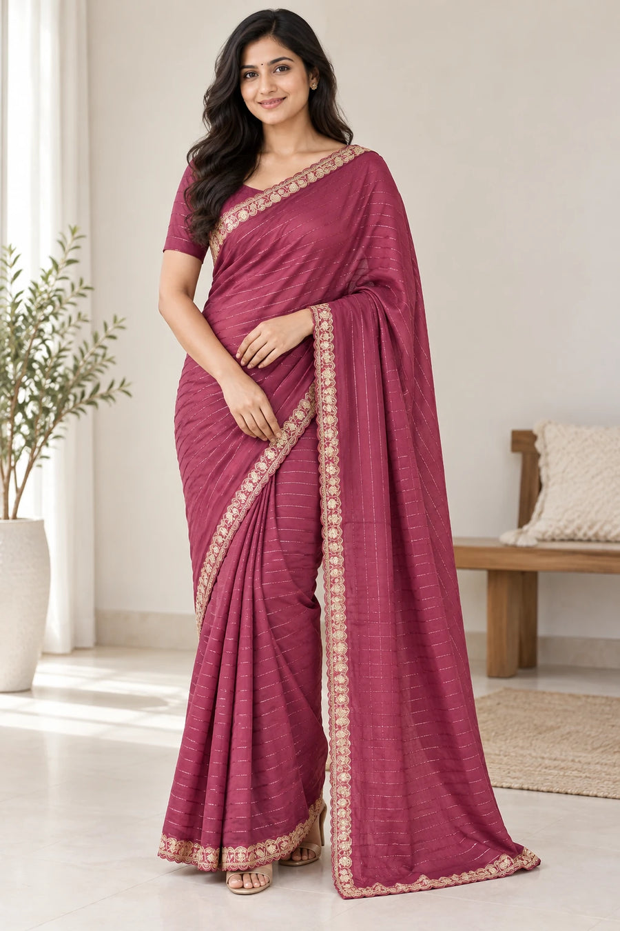 Shalini — Wine Gold Scallop Saree