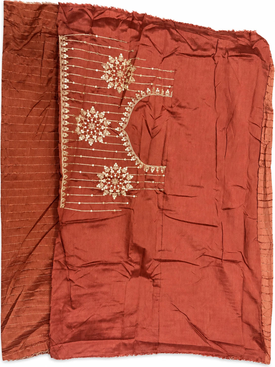 Sushmita — Rust Gold Scallop Saree, retouched coordinating neckline detail on a clean background