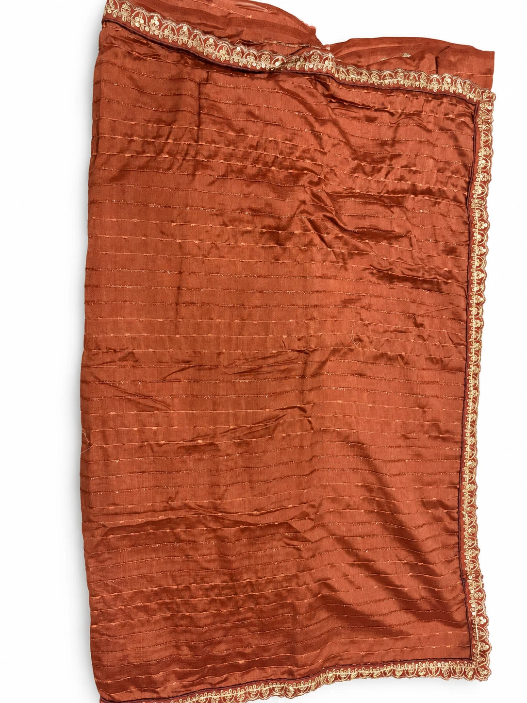 Sushmita — Rust Gold Scallop Saree, retouched body & gold-toned scallop border on a clean background