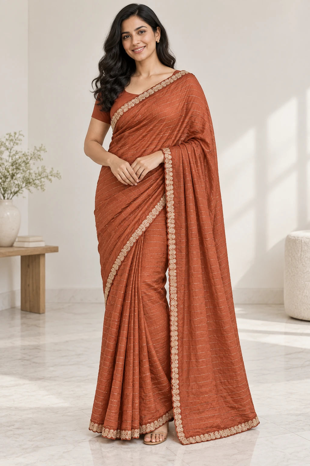 Sushmita — Rust Gold Scallop Saree, model-worn styling photograph