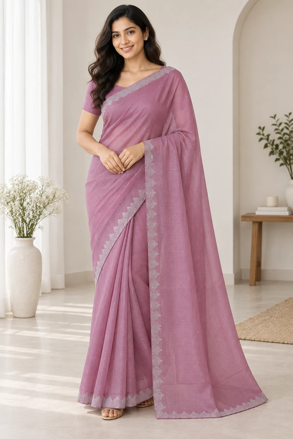 Triveni — Mauve Silver Scallop Saree, model-worn styling photograph
