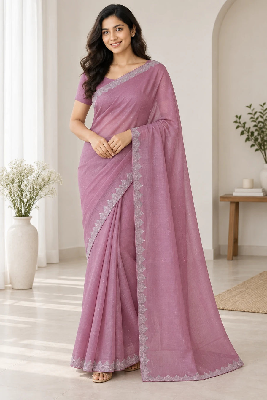 Triveni — Mauve Silver Scallop Saree
