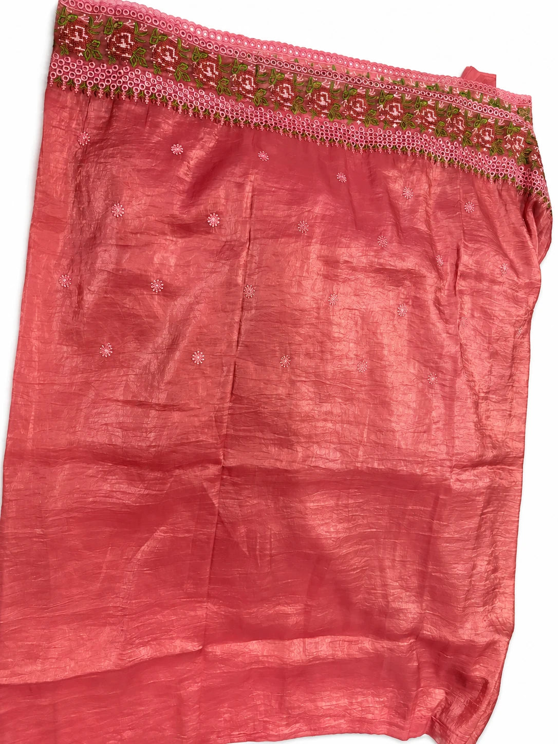 Vaishali — Coral Rose Border Saree, retouched body & small motifs on a clean background