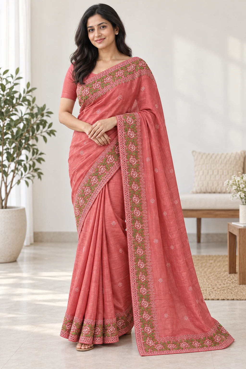 Vaishali — Coral Rose Border Saree, model-worn styling photograph