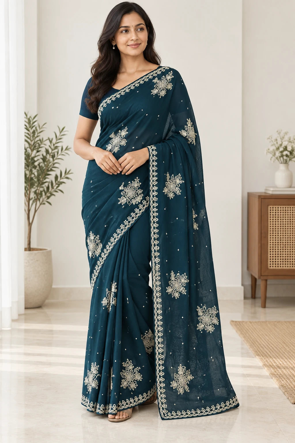Ameya — Midnight Teal Floral Motif Saree, model-worn styling photograph
