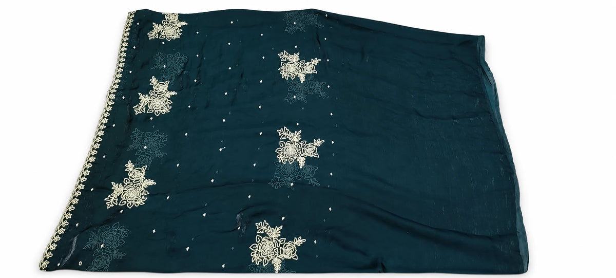 Ameya — Midnight Teal Floral Motif Saree, retouched garment view 2 on a clean background