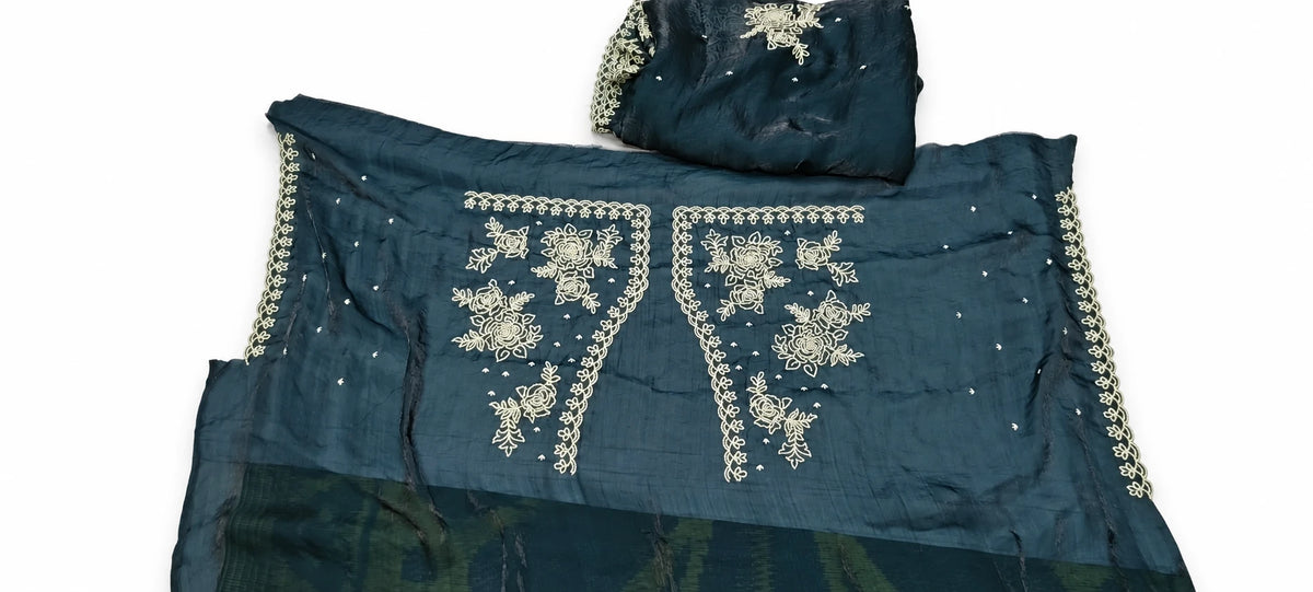 Ameya — Midnight Teal Floral Motif Saree, retouched garment view 3 on a clean background