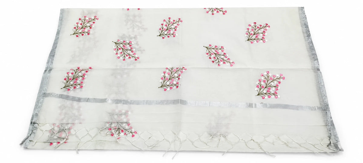 Charulata — Ivory Pink Floral Sprig Saree, retouched garment view 1 on a clean background