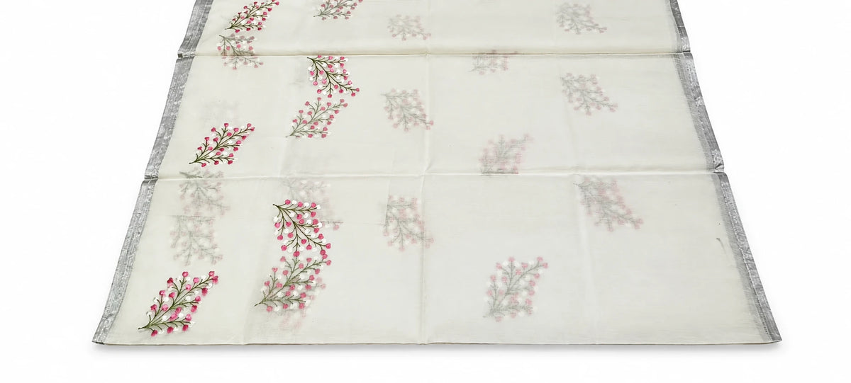 Charulata — Ivory Pink Floral Sprig Saree, retouched garment view 2 on a clean background