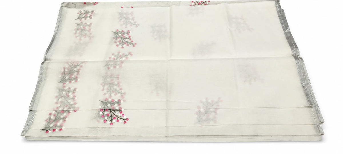Charulata — Ivory Pink Floral Sprig Saree, retouched garment view 3 on a clean background