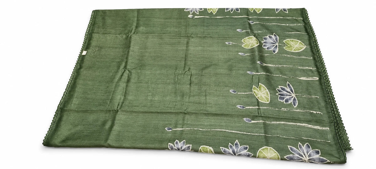 Haripriya — Olive Floral Border Saree, retouched garment view 2 on a clean background