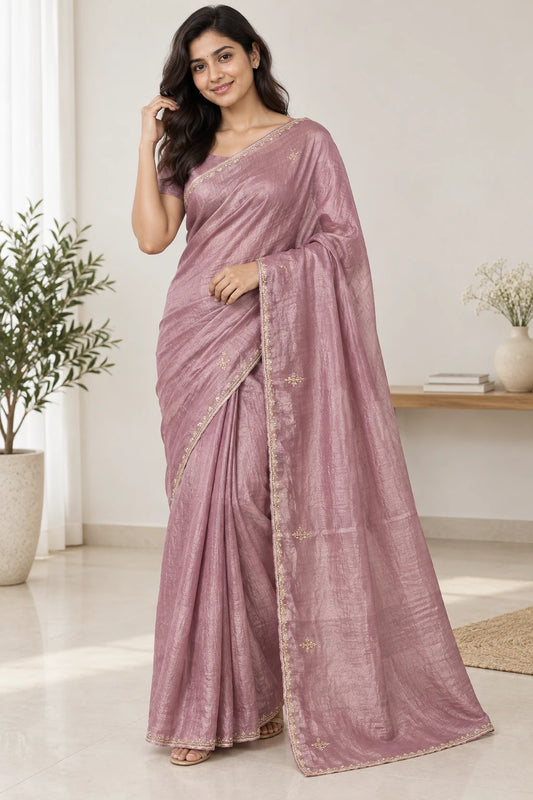 Manjari — Dusty Mauve Fine Border Saree, model-worn styling photograph