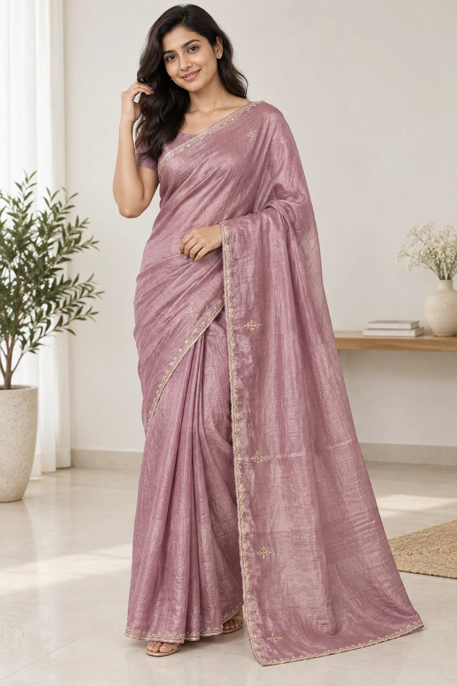 Manjari — Dusty Mauve Fine Border Saree