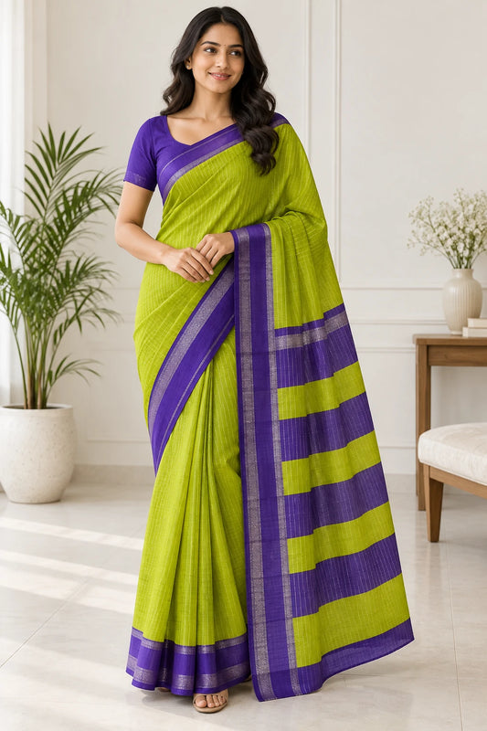 Mridula — Chartreuse Purple Stripe Saree, model-worn styling photograph