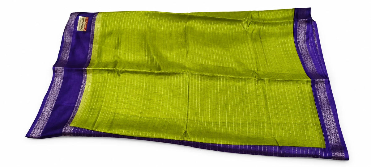 Mridula — Chartreuse Purple Stripe Saree, retouched garment view 1 on a clean background
