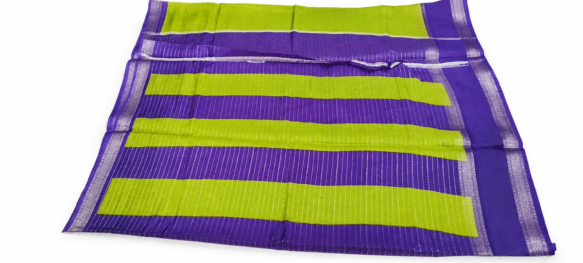 Mridula — Chartreuse Purple Stripe Saree, retouched garment view 2 on a clean background