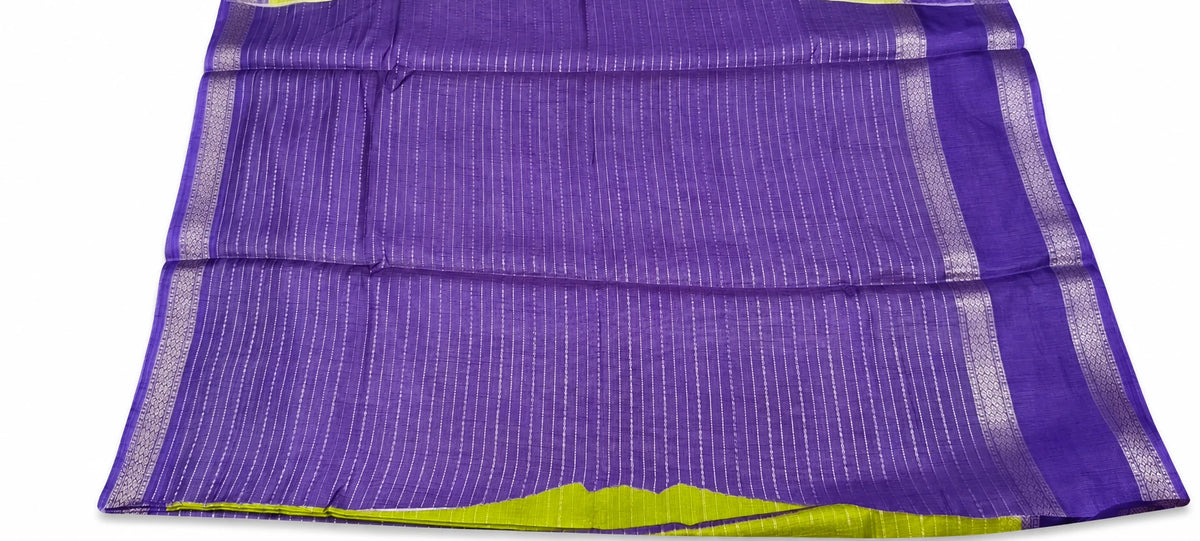Mridula — Chartreuse Purple Stripe Saree, retouched garment view 3 on a clean background
