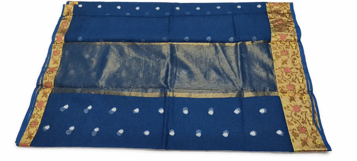 Neelima — Navy Floral Border Saree, retouched garment view 2 on a clean background