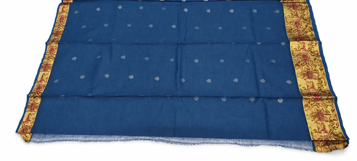 Neelima — Navy Floral Border Saree, retouched garment view 3 on a clean background
