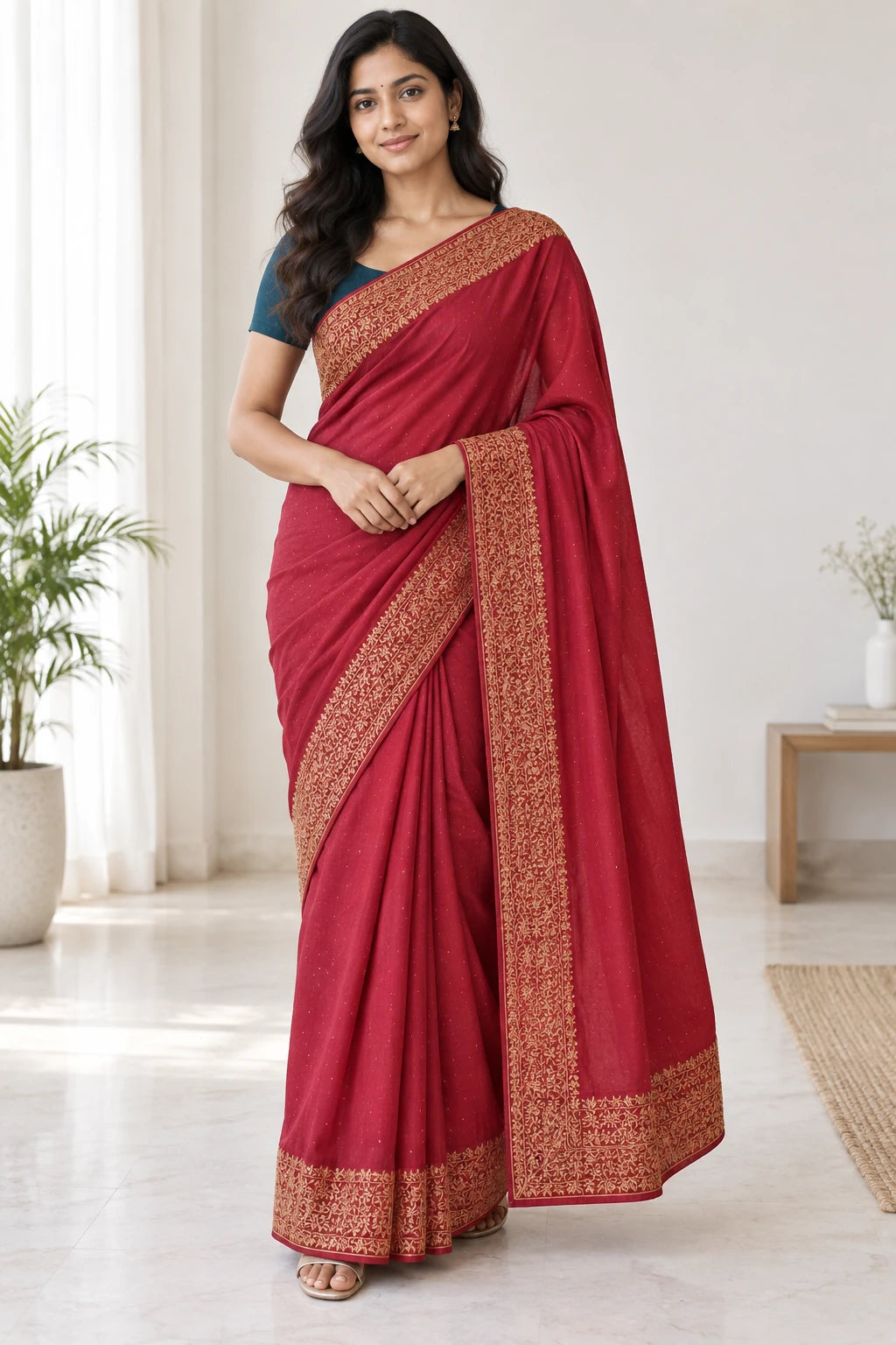 Revika — Crimson Gold Border Saree, model-worn styling photograph