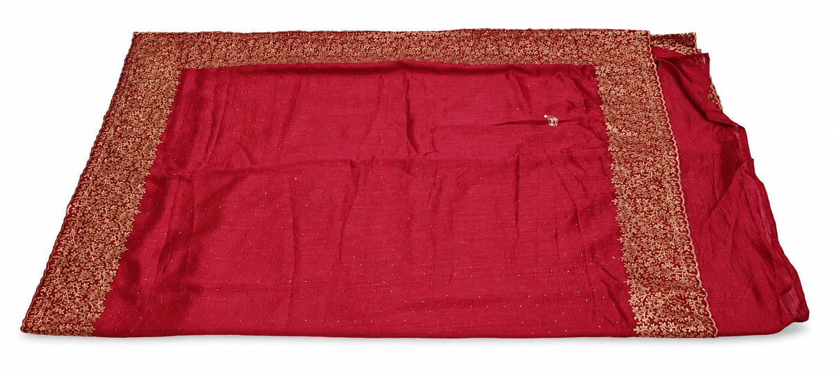 Revika — Crimson Gold Border Saree, retouched garment view 1 on a clean background