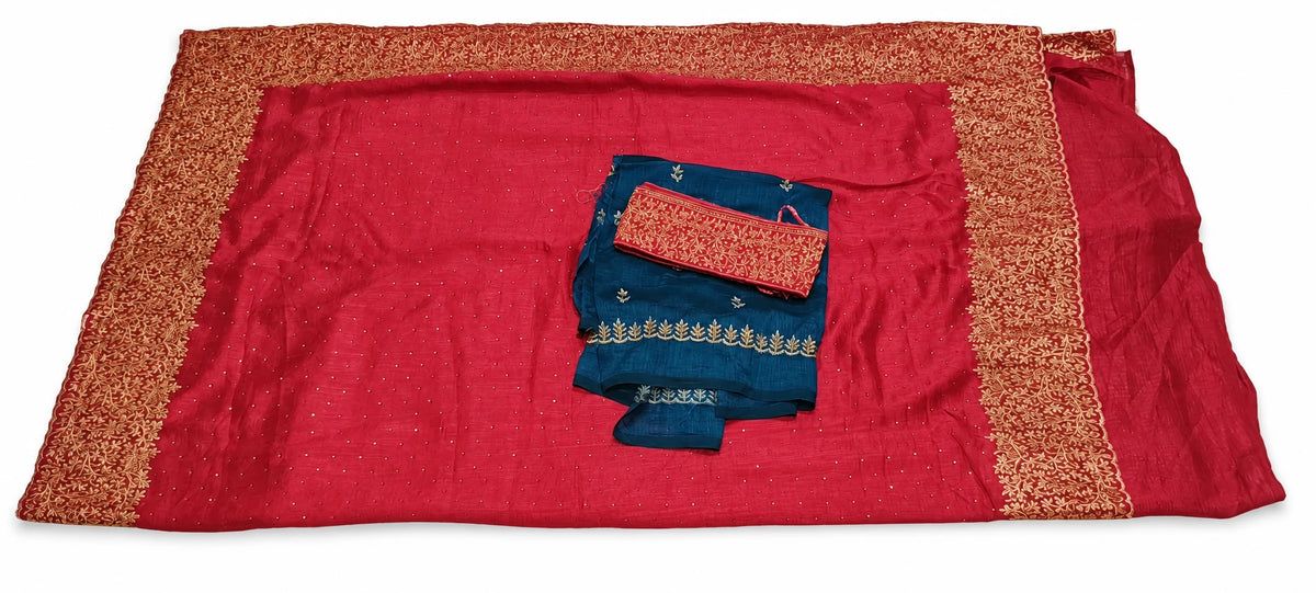 Revika — Crimson Gold Border Saree, retouched garment view 2 on a clean background