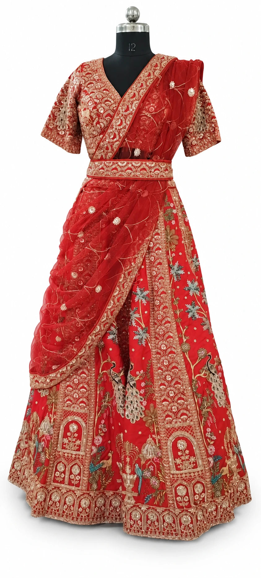 Samriddhi — Vermilion Gold Motif Lehenga Set, retouched garment view 1 on a clean background