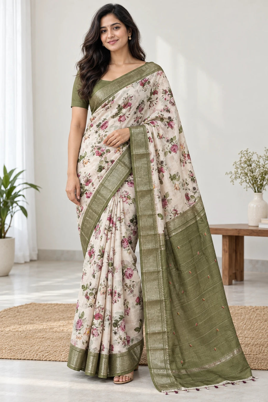 Supriya — Ivory Olive Rose Saree