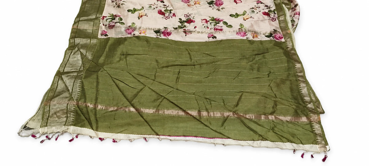 Supriya — Ivory Olive Rose Saree, retouched garment view 2 on a clean background