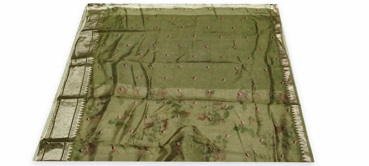 Supriya — Ivory Olive Rose Saree, retouched garment view 3 on a clean background