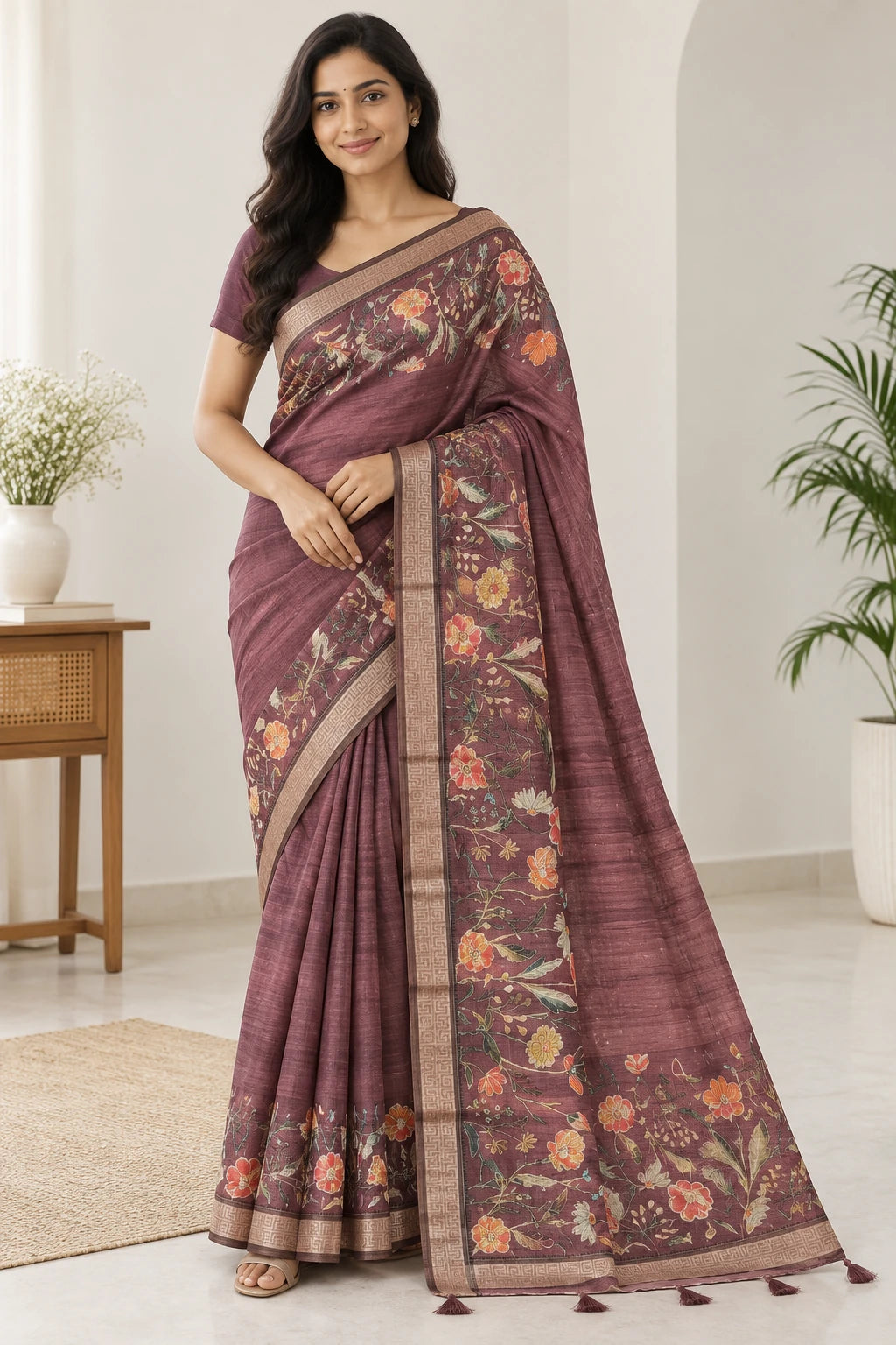 Varnika — Plum Multicolour Floral Border Saree, model-worn styling photograph