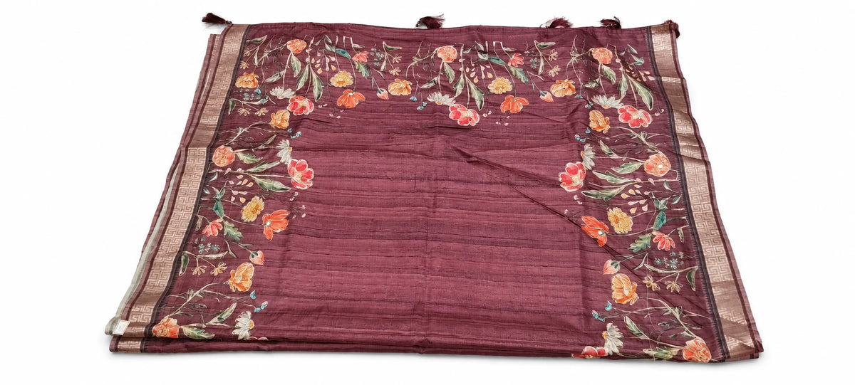 Varnika — Plum Multicolour Floral Border Saree, retouched garment view 1 on a clean background