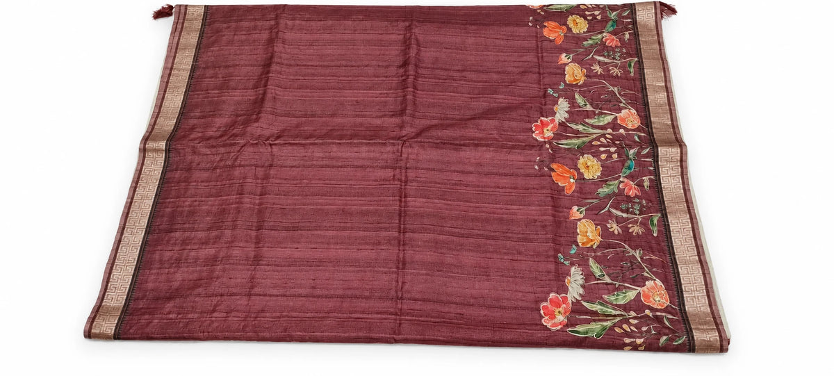 Varnika — Plum Multicolour Floral Border Saree, retouched garment view 2 on a clean background
