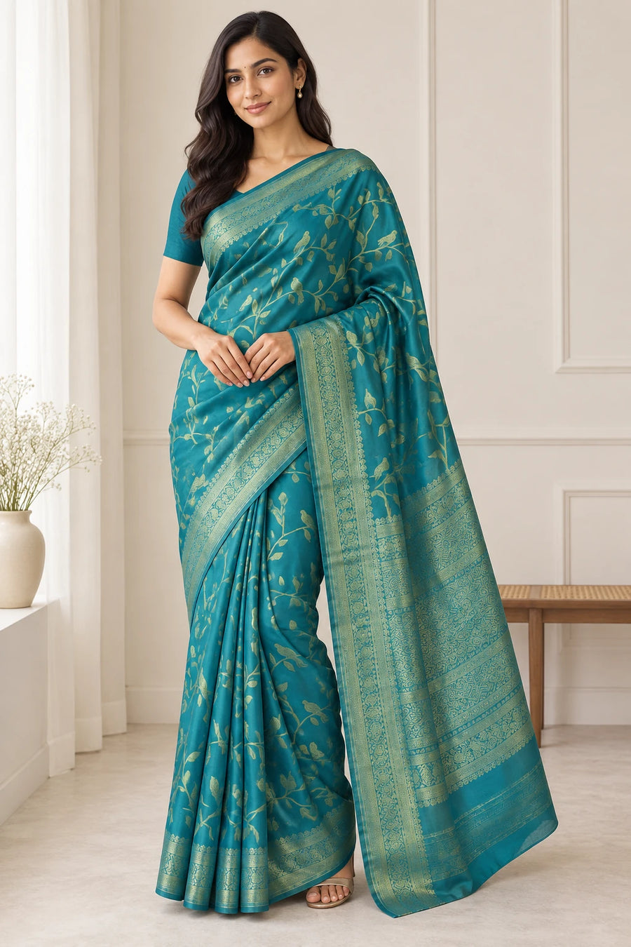 Anamika — Teal Gold Leaf Vine Saree