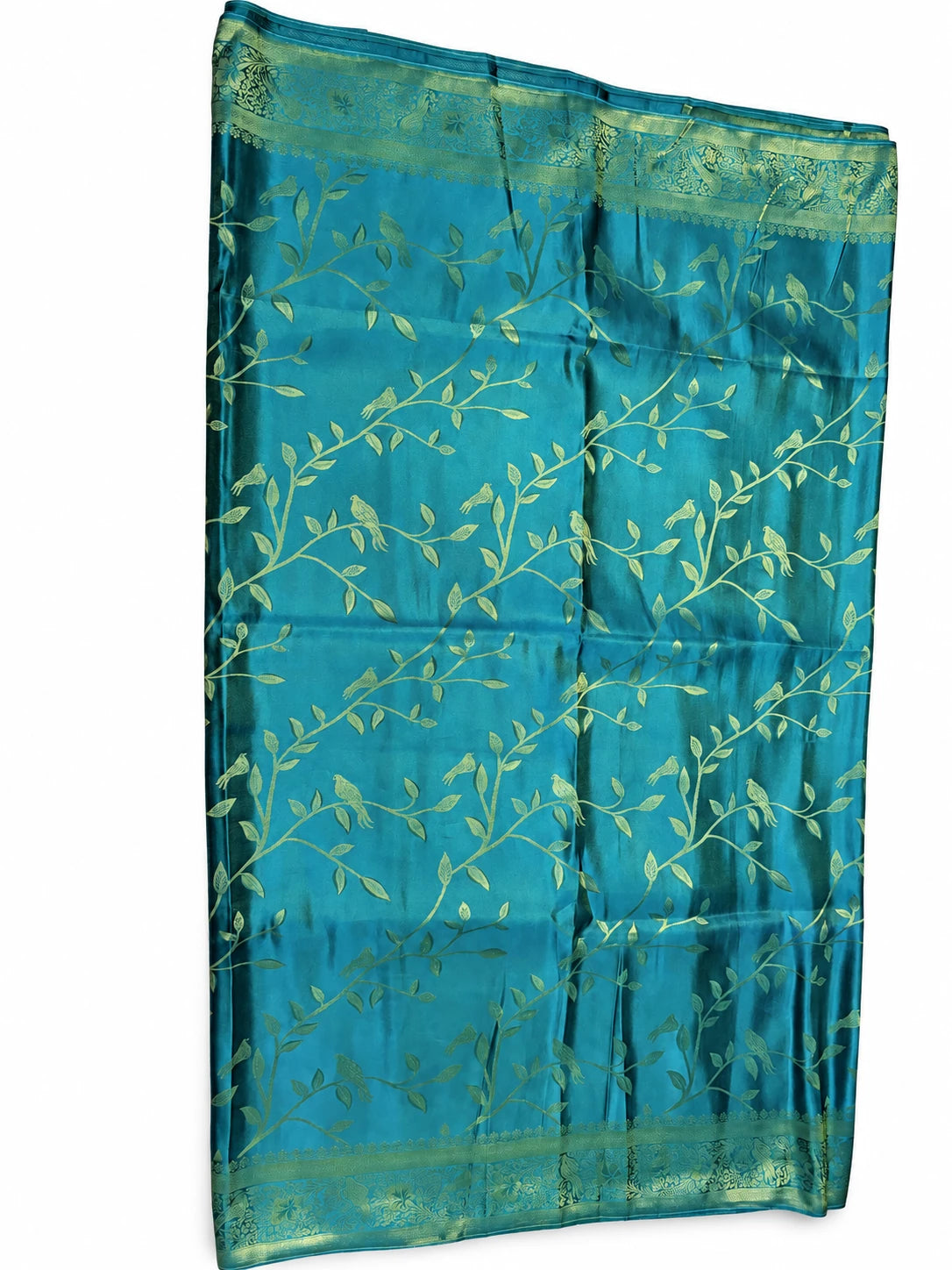 Anamika — Teal Gold Leaf Vine Saree, retouched garment view 1 on a clean background